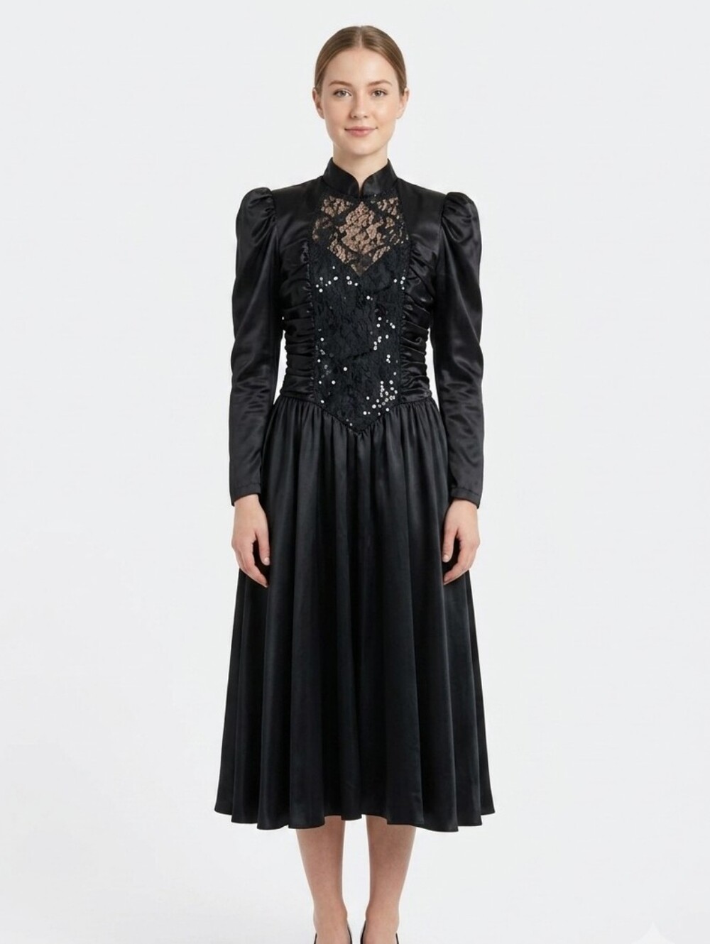 Roberta Vintage Black Satin Sequin Lace Puff Sleeve Goth Midi Dress 7/8